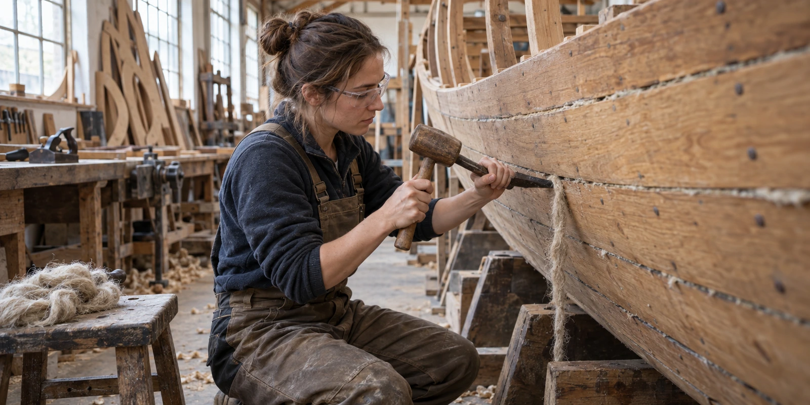 Une personne portant des lunettes de protection calfate la coque d’un bateau en bois avec un maillet et un outil dans un atelier.